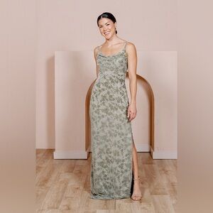 Revelry Skye Floral Burnout Velvet Dress Sz 14 Maxi Silver Sage Green Formal 14